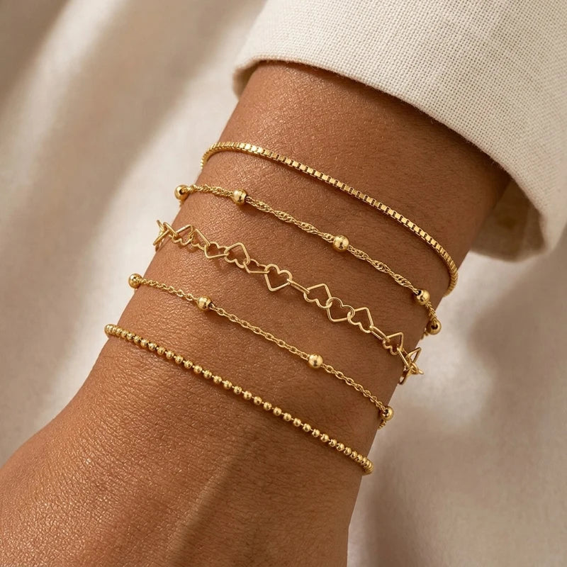 Armband 5-pack – tunna kedjor med hjärta