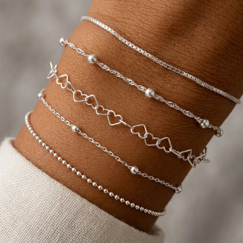 Armband 5-pack – tunna kedjor med hjärta