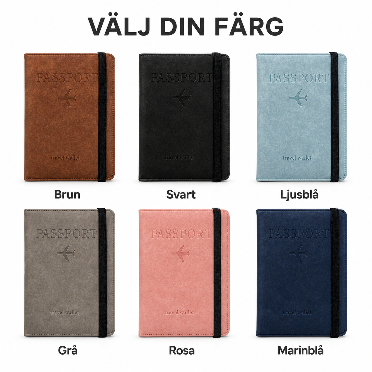 Passfodral i brun, svart, ljusblå, grå, rosa och marinblå